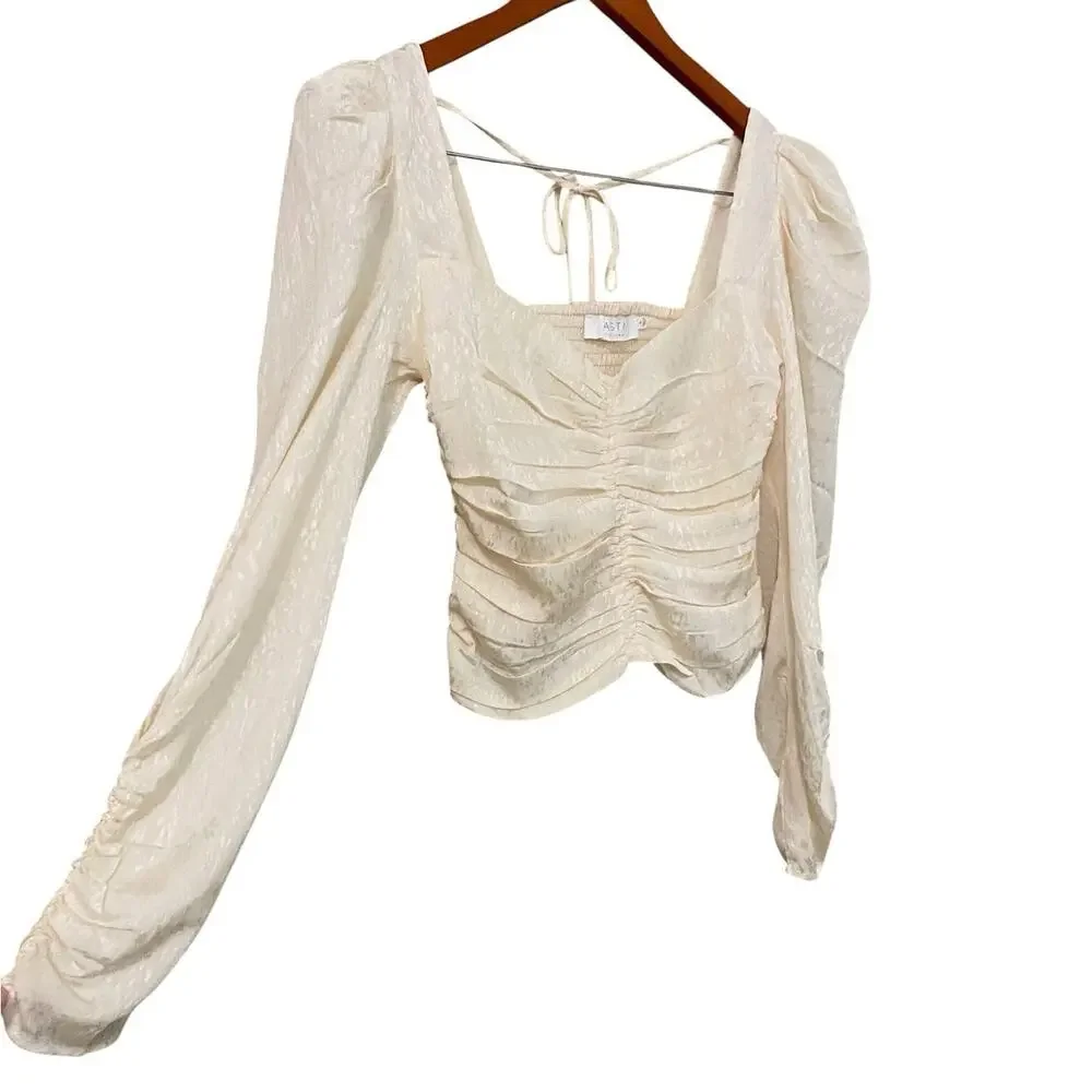 ASTR Ruched Cropped Blouse Small Cream Smocked Party Romantic Coquette Bridal